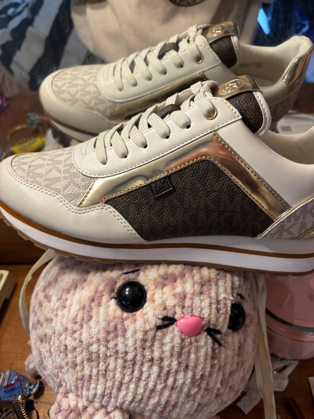 Michael Kors White, Brown & Gold Logo Runner Sneakers